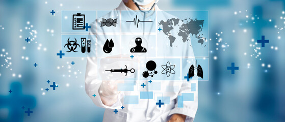 Medical doctor with stethoscope working with modern virtual screen. Concept of health, medical...