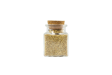 quinoa in a glass jar isolated on white background. nutrition. food ingredient.