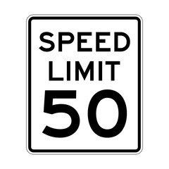 Speed limit 50 mph. Vector illustration of rectangular traffic sign in USA. Road sign with number 50 mph. Flat style design isolated on white background. Legal maximum speed US symbol.