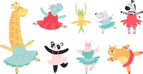Ballet animals baby clipart. Cute ballerinas in tutu and pointe shoes. Animal dances in dress, cartoon classy vector childish characters. Funny bear and giraffe © LadadikArt