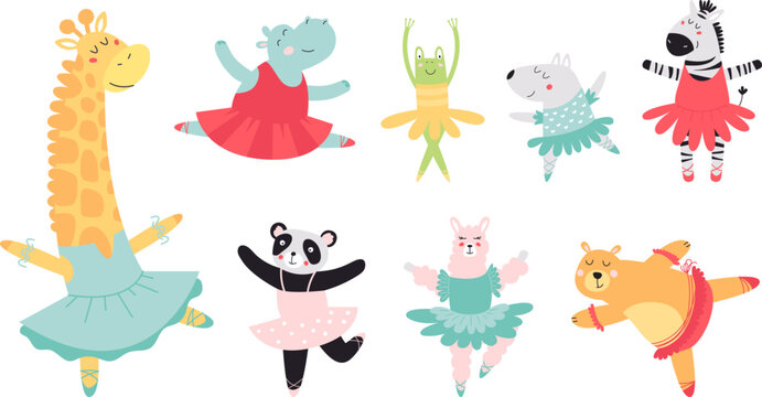 Ballet animals baby clipart. Cute ballerinas in tutu and pointe shoes. Animal dances in dress, cartoon classy vector childish characters. Funny bear and giraffe