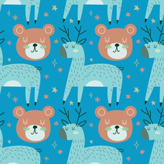 Forest seamless pattern with cute animals - deer and bear. Vector illustration Scandinavian style flat design. Concept for kids, textile print, poster, card EPS