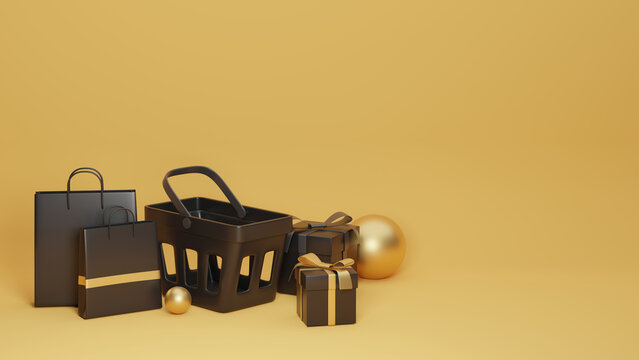 3D rendering of an Abstract Background with a Shopping Cart, Gift Box, Shopping Bag, icons related to Online Shopping, Discount, Sale, Promotion. Website, Email marketing campaign, Black Friday