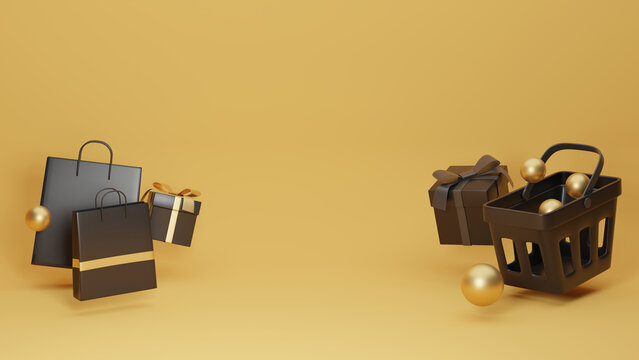 3D rendering of an Abstract Background with a Shopping Cart, Gift Box, Shopping Bag, icons related to Online Shopping, Discount, Sale, Promotion. Website, Email marketing campaign, Black Friday