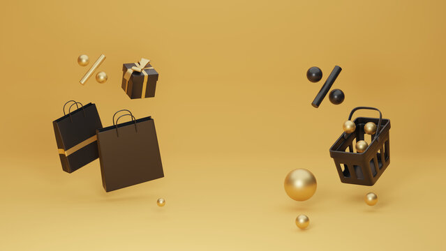 3D rendering of an Abstract Background with a Shopping Cart, Gift Box, Shopping Bag, icons related to Online Shopping, Discount, Sale, Promotion. Website, Email marketing campaign, Black Friday