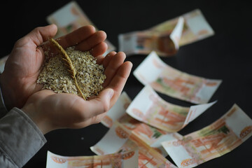 The concept of the cost of grain. 5000 ruble banknotes around a handful of ground grain. World...
