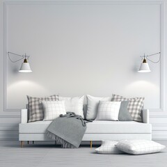 Empty white wall mockup with sofa, pillows, plaid and lamp on the floor. 3D rendering.