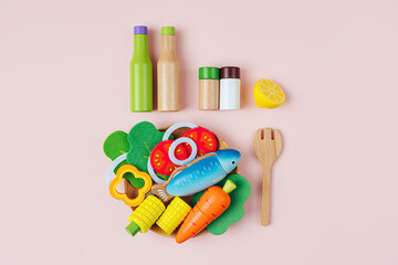 Cute kids toys to play in the kitchen. Wooden fruit and vegetables play set. Educational toys....