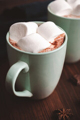 Hot chocolate drink with marshmallow in a cup on wooden board, dark background