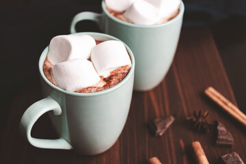 Hot chocolate drink with marshmallow in a cup on wooden board, dark background