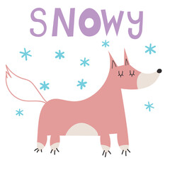 Hand drawn vector illustration of a cute funny fox, with lettering quote Snowy. Isolated objects on white background. Scandinavian style flat design. Concept children print. Woodland animal. EPS