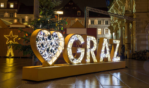 Beautiful Christmas decorations at famous main square Hauptplatz, at night, in the city center of Graz, Steiermark, Austria.