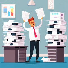 Stressed businessman holds pile of office documents. Overworked business man with stacks of papers. Office printer machine. Stress at work. illustration in flat style - obrazy, fototapety, plakaty