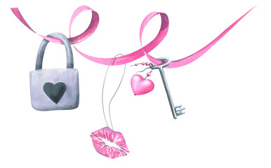 A pink ribbon with a lock, a key and kisses hanging on it. Watercolor illustration. Horizontal banner from the VALENTINE'S DAY collection. For the design and design of invitations, certificates