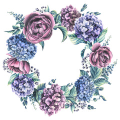Hydrangea flowers, roses and decorative leaves, berries, eucalyptus twigs. Watercolor illustration. Round wreath, frame from the collection WEDDING FLOWERS. For invitations, certificates, postcards.