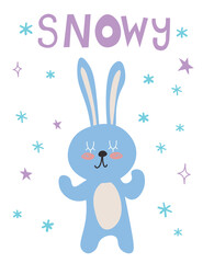 Cute rabbit with Snowy text snowflakes background, bunny greeting gift design template, Flat design vector Illustration EPS