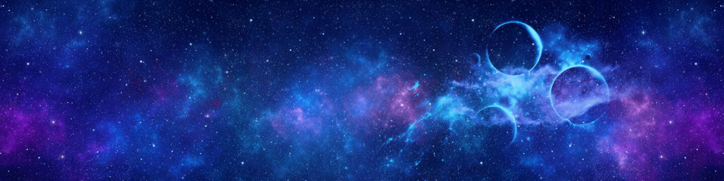 Nebula, stars and planets in night sky web banner. Space background.