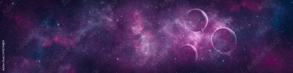 Wall mural nebula, stars and planets in night sky web banner. space background.