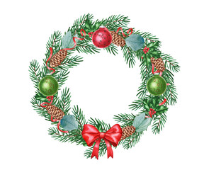 Watercolor christmas wreath with red ribbons, bow, balls, cones, eucalyptus leaves isolated.