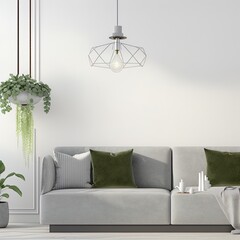 Interior mock up with gray velvet sofa, green pillows, coffee table, succulents and hanging lamp in living room with white wall. 3D rendering.