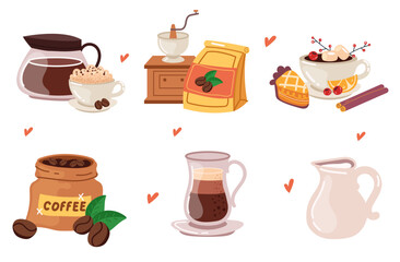 Coffee shop tools morning drink and sweet pie abstract set collection. Graphic design cartoon illustration