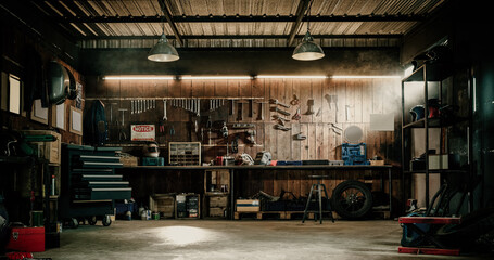 Werkplaats scène. Oude gereedschappen die aan de muur hangen in de werkplaats, gereedschapsplank tegen een tafel en muur, vintage garagestijl