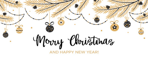 Christmas background with garlands, fir branches and holiday balls in gold and black style