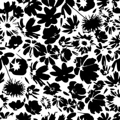 Flowers monochrome seamless pattern. Vector illustration. Vector illustration. Black and white print