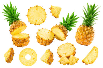 Pineapple set isolated on white background, clipping path, full depth of field