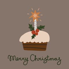 Christmas Pudding (Plum Pudding) with holly leaves and berries. Creative hand drawn card for winter holidays. Vector cartoon illustration. Hand drawn typography poster. Merry christmas greeting card.