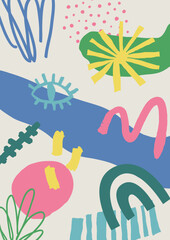 Background with stains, textures and geometric shapes. Bright colors. Hand drawn vector pattern.