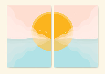 Fototapeta premium Minimalistic modern ocean side print. Ocean wave and sun