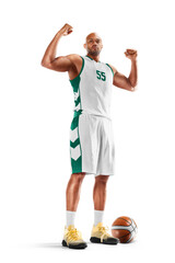 Basketball player shows biceps in white background. Isolated. Professional sport. Ball
