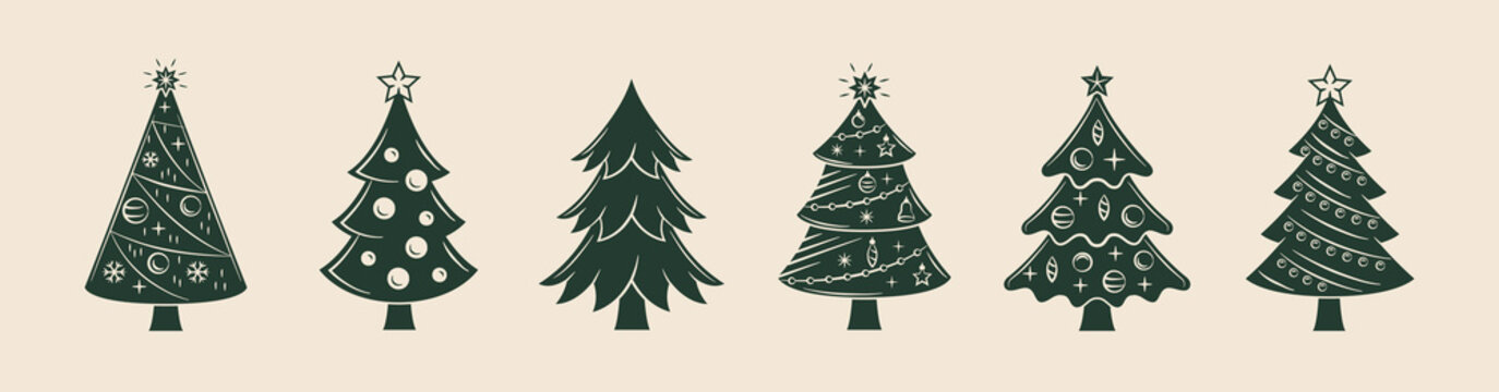 6 Christmas tree icons set. Vintage cute xmas trees isolated on white background. Christmas decorations. Design elements for logo, badges, banners, labels, posters. Vector illustration