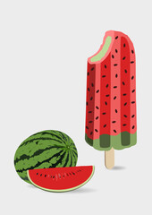 Frozen ice cream and popsicles icon vector illustration with watermelon. Red colors. Watermelon flavor. Slice. Gray background.