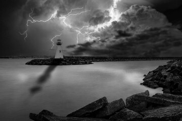 The lighthouse in the small Ontario town of Prescott is seen during a colourful lightning storm...