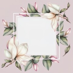 Botanical frame from isolated watercolor elements (magnolia flower, leaves) on a pastel background. Watercolor illustration is perfect for weddings, social media, card printing.