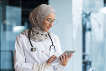 Close-up photo. A young Arab woman, a Muslim doctor is standing in the hospital in the office in a...