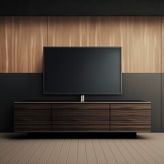 Modern black tv console mockup with wooden facade in empty room, 3d rendering