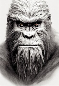 Graphic portrait of yeti. Ape face, mythical bigfoot, sasquatc illustration