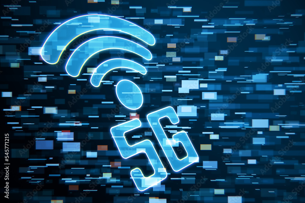 Poster hologram on blurry backdrop. 5th Generation Wireless Internet Network connection information technology illustration. Mobile devices telecommunication business web networking. 3D Rendering.