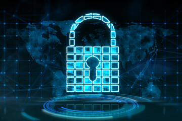 Cyber security and data protection concept with digital pad lock with key hole above blue circle on dark background with world map silhouette. 3D rendering
