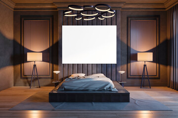 Front view on blank white poster above dark floor bed on grey carpet, between vintage torchers on slatted wall decoration background and chandelier in classic style bedroom. 3D rendering, mockup