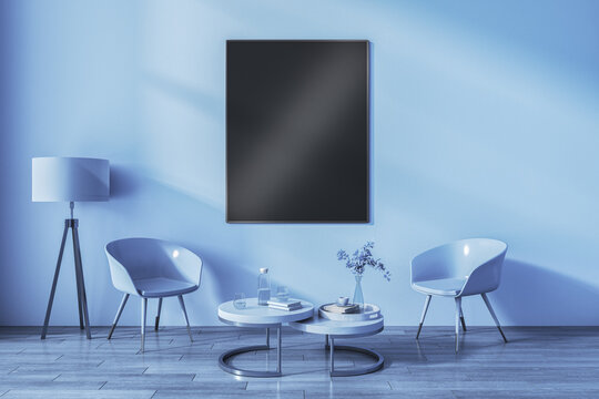 Modern blue living room interior with furniture and empty black mock up poster. Mock up, 3D Rendering.