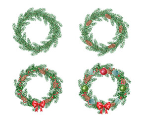 Watercolor christmas wreaths with decorations, cones, ribbons, balls isolated on white background.