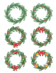 Watercolor christmas wreaths with decorations, ribbons, bows, fir tree branches isolated on white background.