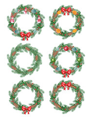 Set of watercolor christmas wreaths with red ribbons,  bow, cones, decorations on white background.