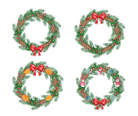 Set of watercolor christmas wreaths with red bow, ribbons, cones, decorations on white background.
