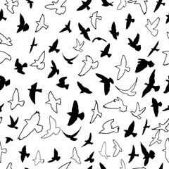 Seamless pattern flying birds. Lots of doves. Vector illustration