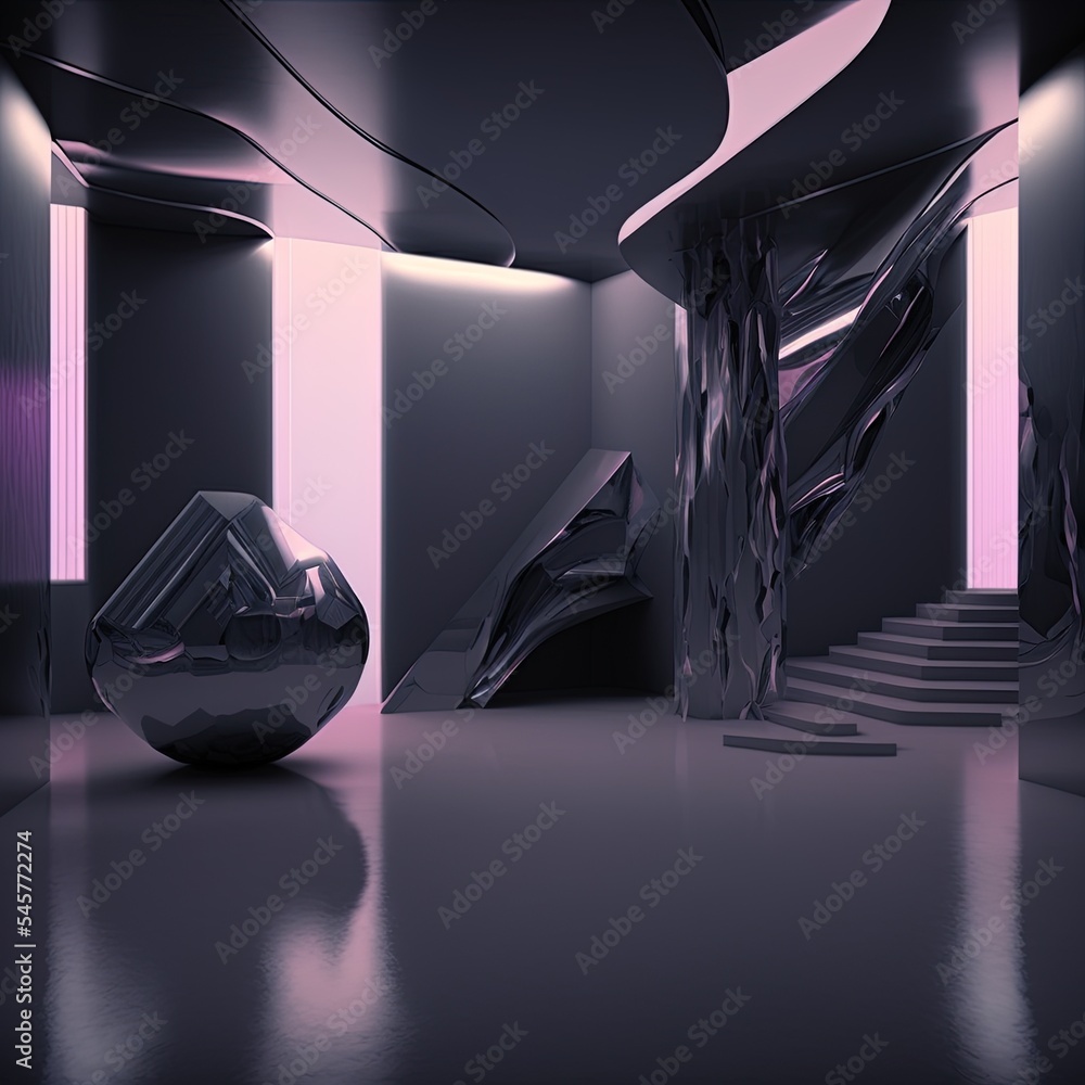 Poster abstract dynamic interior with black gradient smooth objects. 3d illustration and rendering